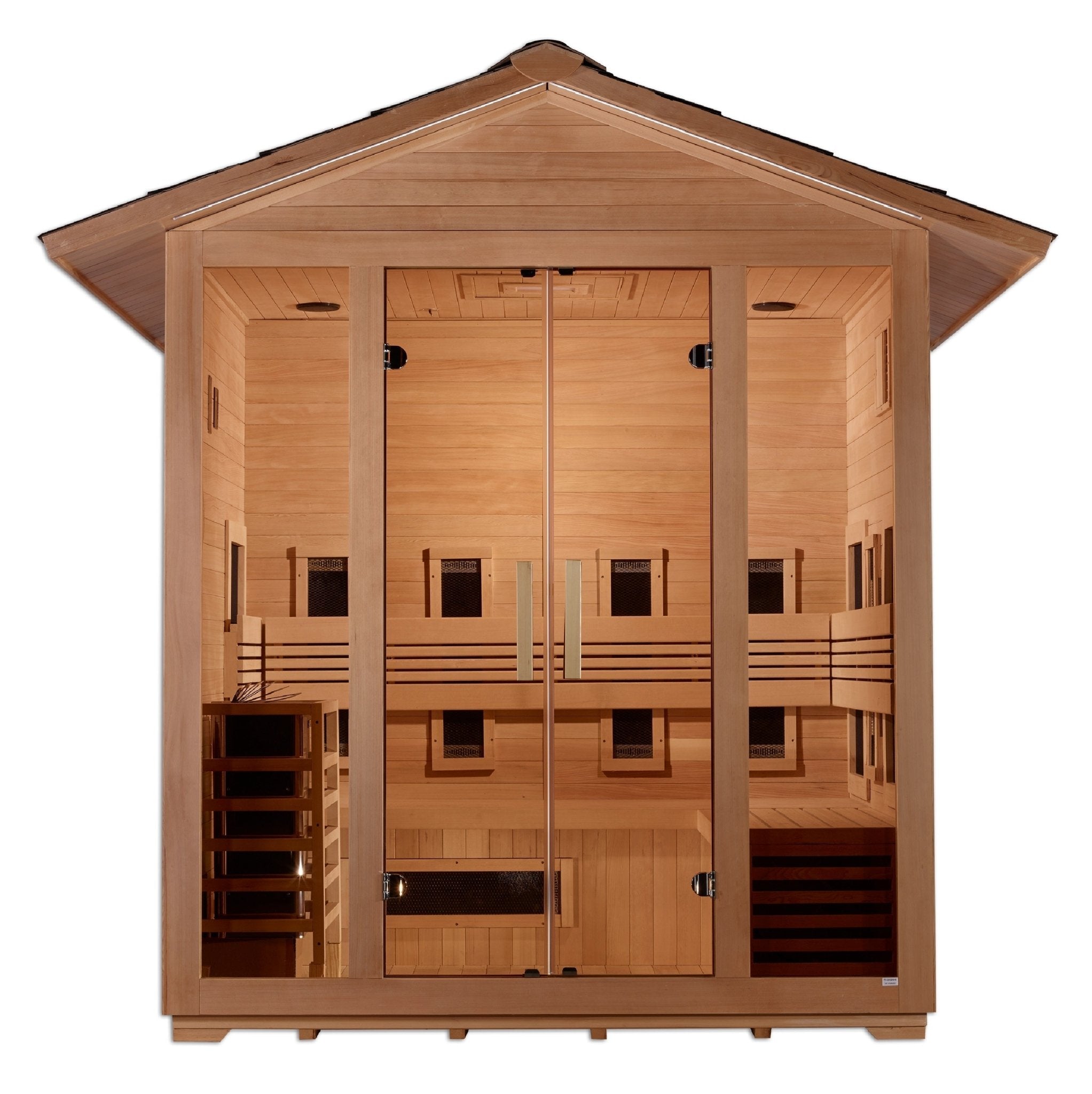 Golden Designs "Gargellen" 5 Person Hybrid (PureTech™ Full Spectrum IR or Traditional Stove) Outdoor Sauna - Canadian Hemlock - The Sauna World
