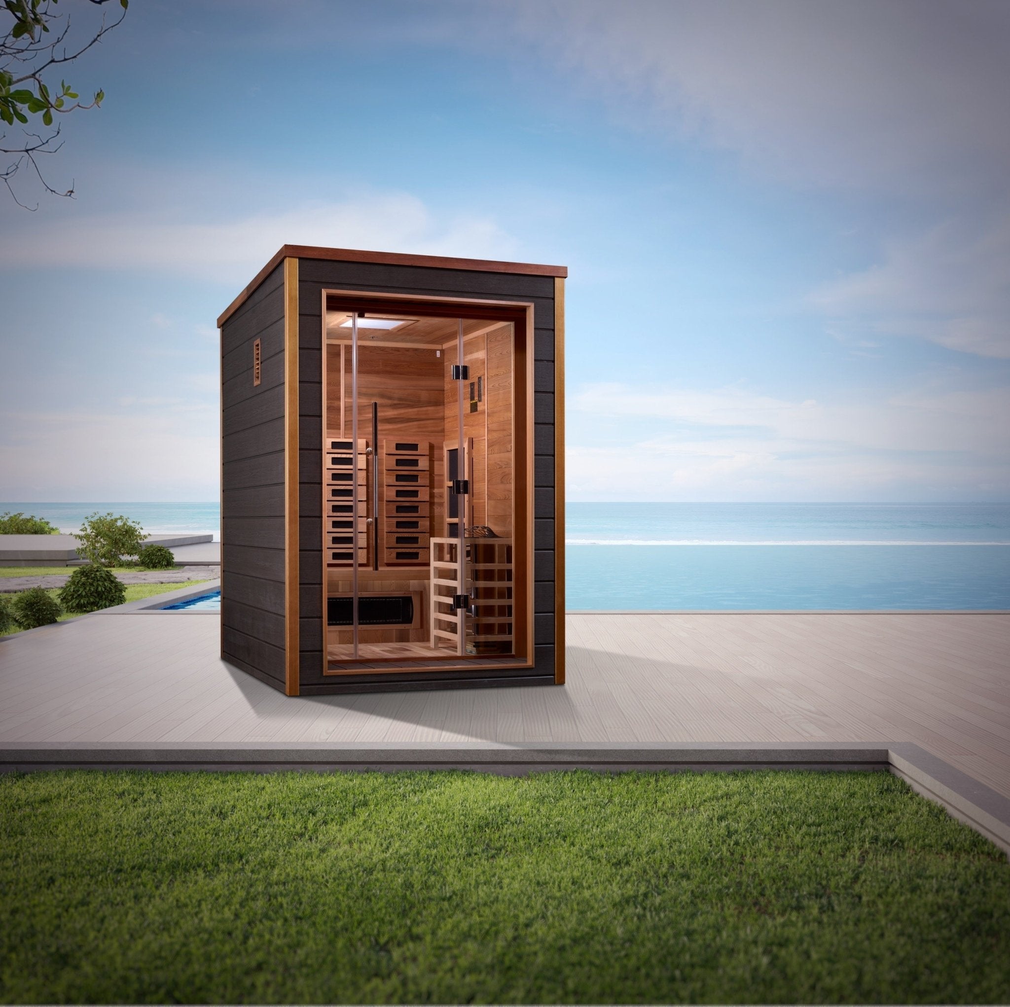 Golden Designs Nora 2 Person Outdoor-Indoor PureTech™ Hybrid Full Spectrum Sauna (GDI-8222-01) - Canadian Red Cedar Interior - The Sauna World
