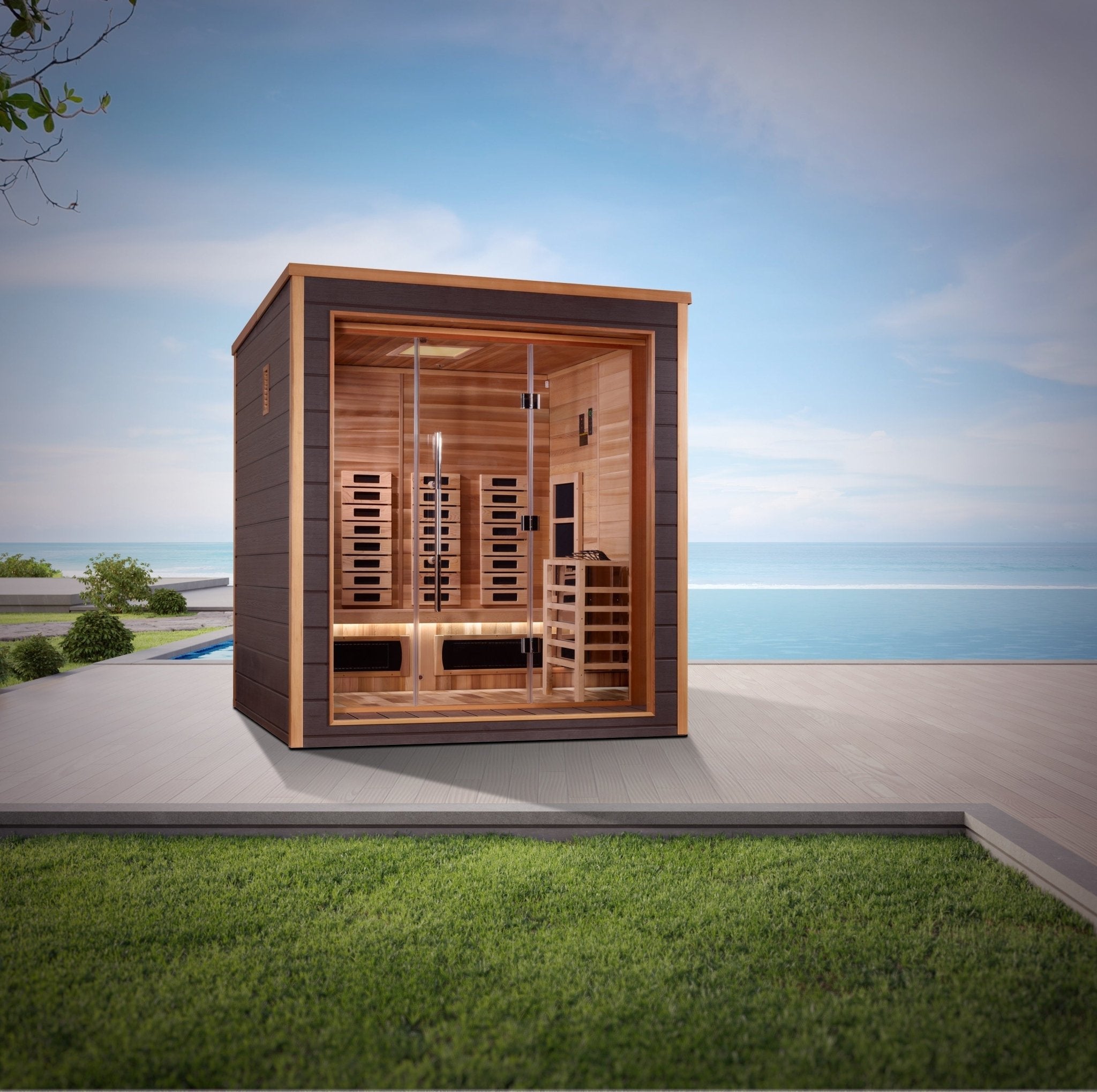 Golden Designs Visby 3 Person Outdoor-Indoor PureTech™ Hybrid Full Spectrum Sauna (GDI-8223-01) - Canadian Red Cedar Interior - The Sauna World