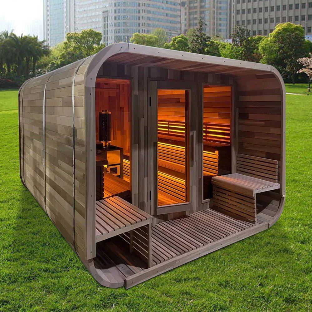 Traditional Outdoor Cube Sauna Cabin with Front Porch and Heater - The Sauna World
