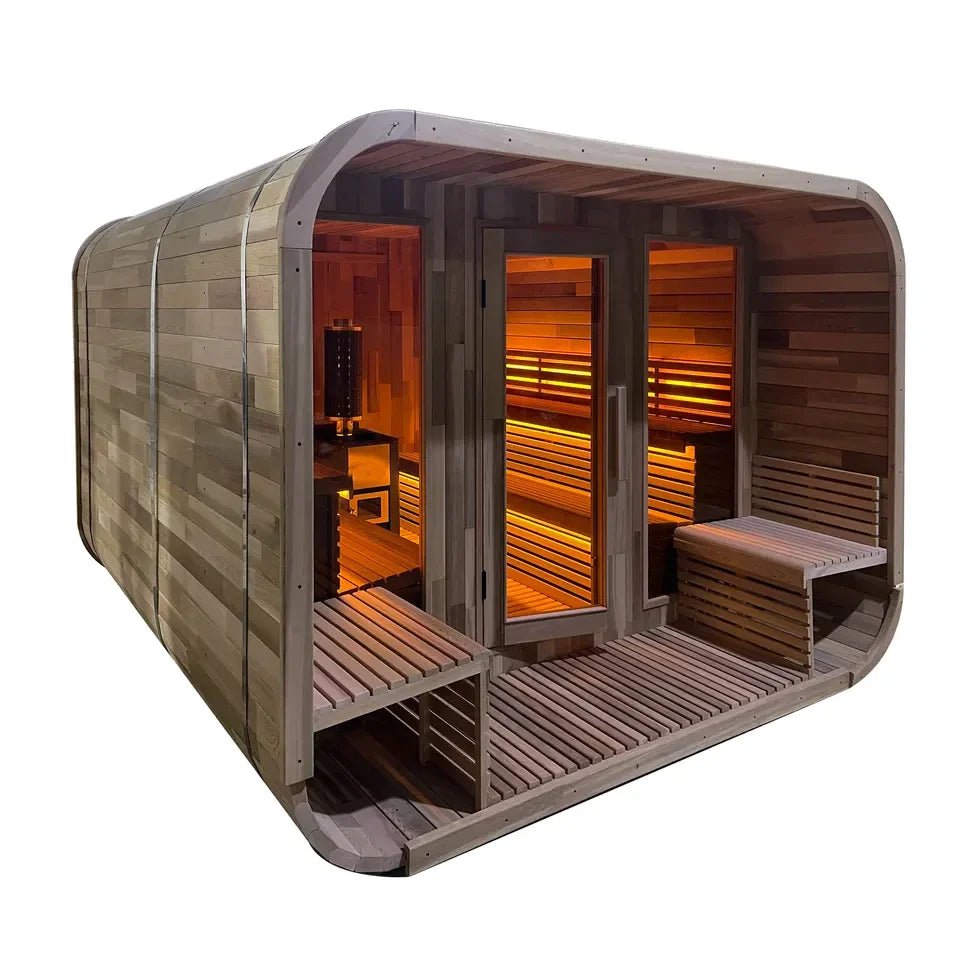 Traditional Outdoor Cube Sauna Cabin with Front Porch and Heater - The Sauna World